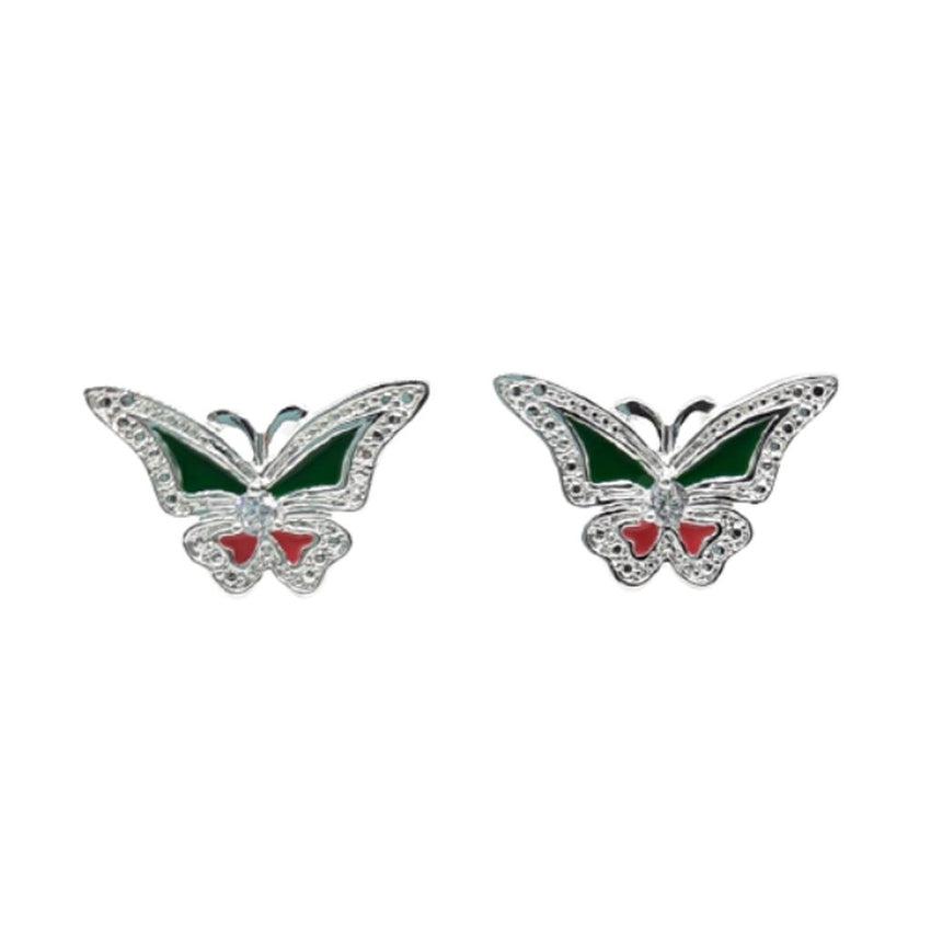 Large Silver Green And Red Enamel Butterfly Earrings