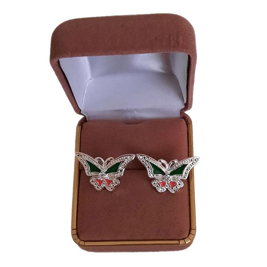 Large Silver Green And Red Enamel Butterfly Earrings