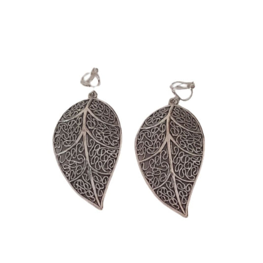 Large Silver Leaf Clip On Earrings