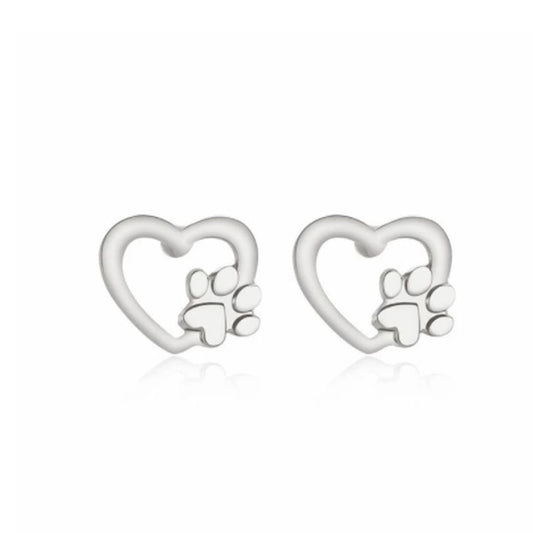 Large Silver Plated Paw And Heart Earrings
