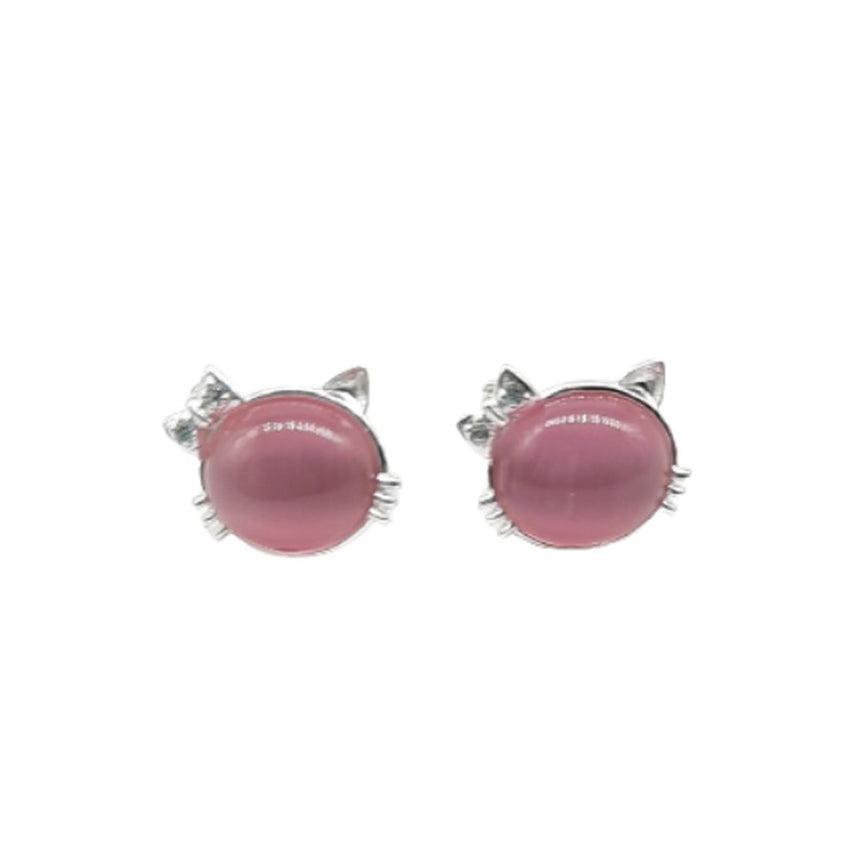 Large Silver Plated Pink Enamel Cats Face Earrings