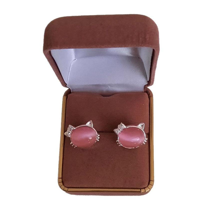 Large Silver Plated Pink Enamel Cats Face Earrings