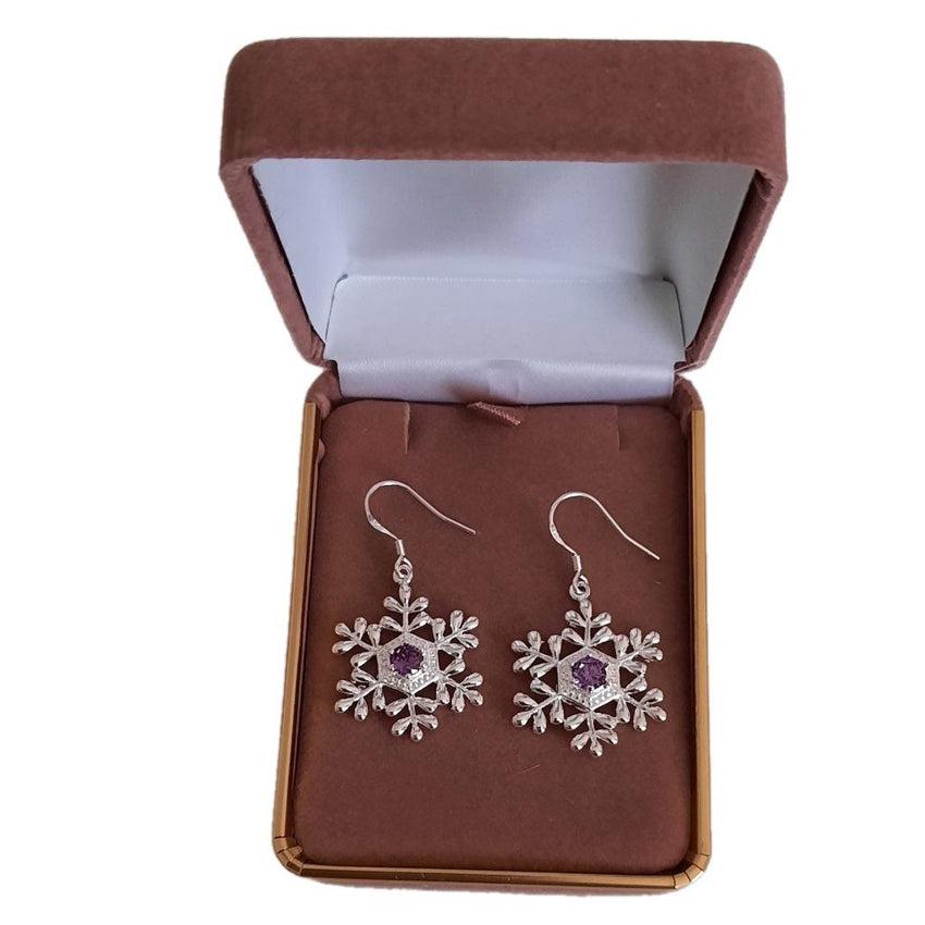 Large Silver Snowflake Earrings With an Amethyst Stone Centre