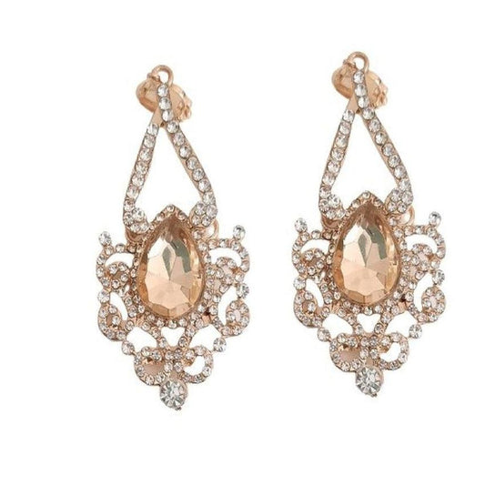 Large Diamante Gold Tone Chandelier Clip On Earrings