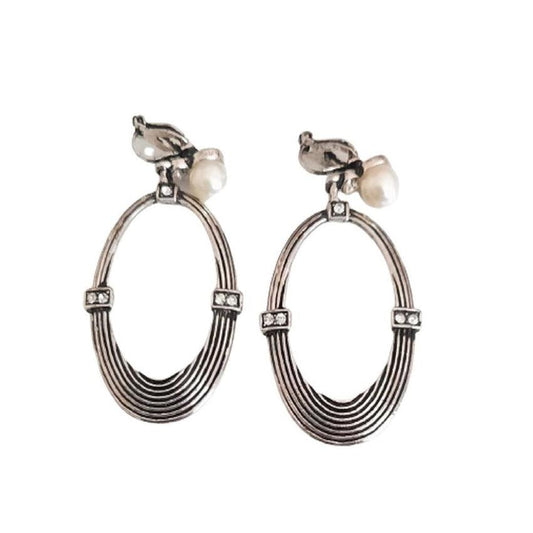 Large Open Design Black Grooved Silver Plated Clip Earrings