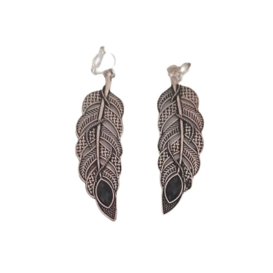 Leaf Feather Drop Clip On Earrings