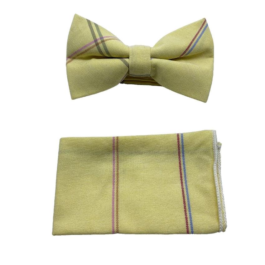 Lemon Yellow With Pastel Stripes Bow Tie And Hanky Set