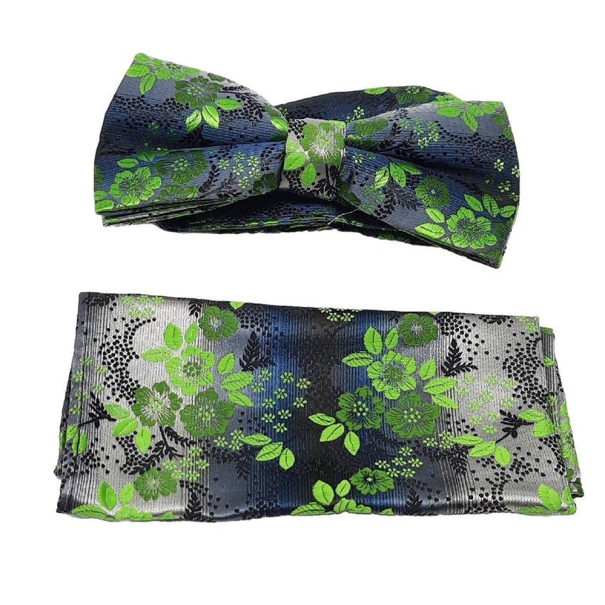 Light And Dark Green Floral Adjustable Bow Tie And Hanky Set
