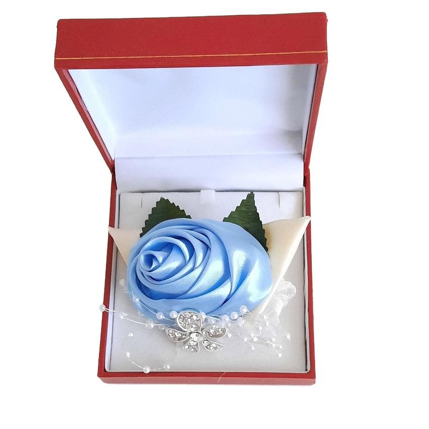 Light Blue Silk Rose With Ribbon And Lace Decoration Wrist Corsage