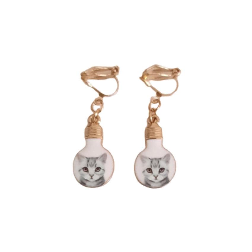 Light Bulb Cat Clip On Earrings
