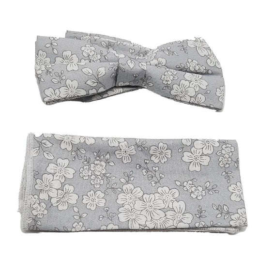 Light Grey With Cream Flowers Bow Tie Set