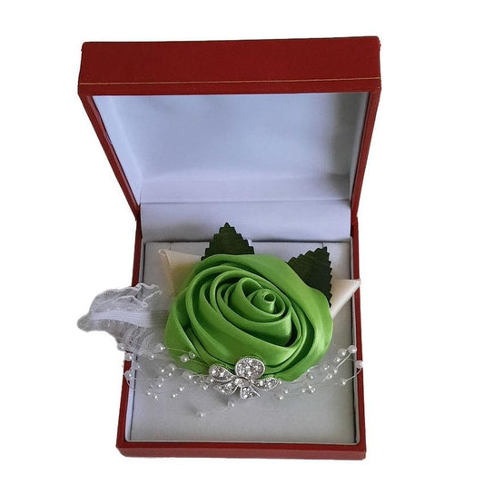 Lime Green Silk Rose With Ribbon And Lace Decoration Wrist Corsage
