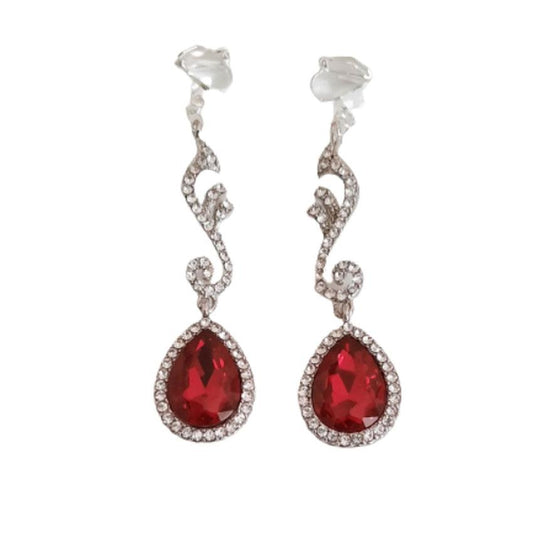 Long Fancy Red Diamante Clip On Earrings