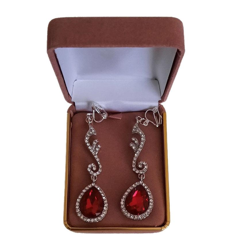 Long Fancy Red Diamante Clip On Earrings