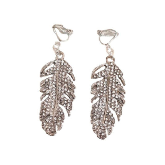 Long Feather Diamante Clip On Earrings