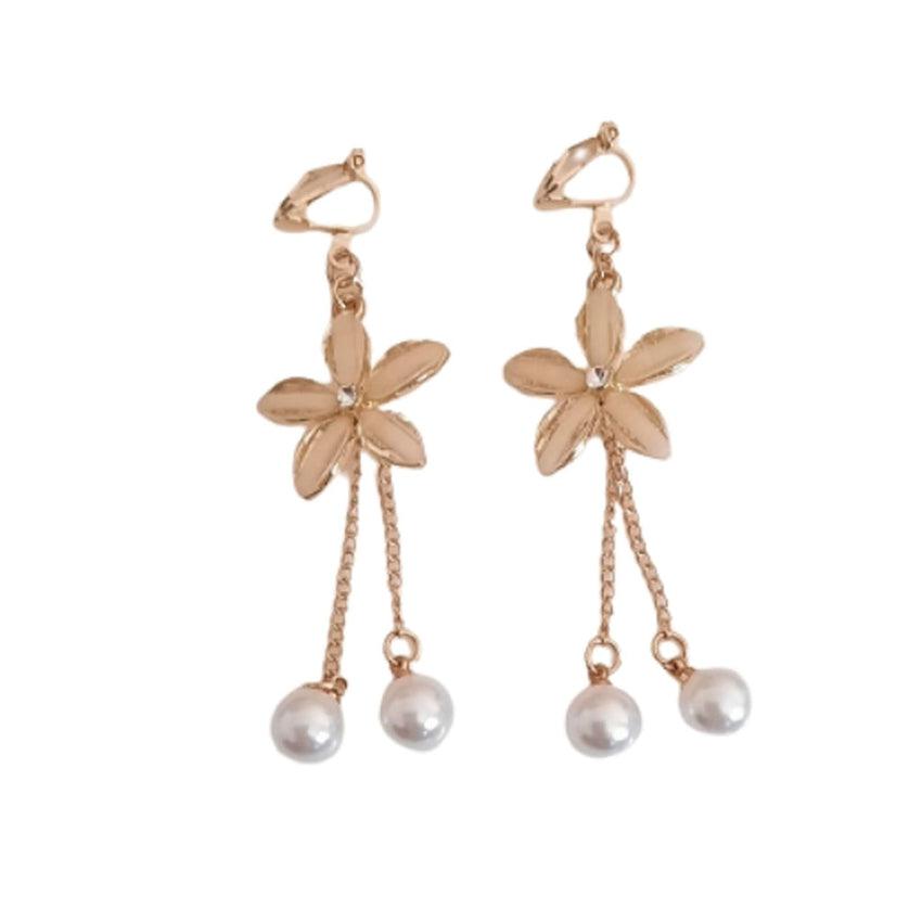 Long Flower Drop Clip On Earrings With Pearls