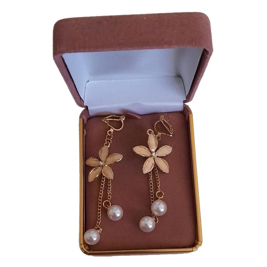 Long Flower Drop Clip On Earrings With Pearls