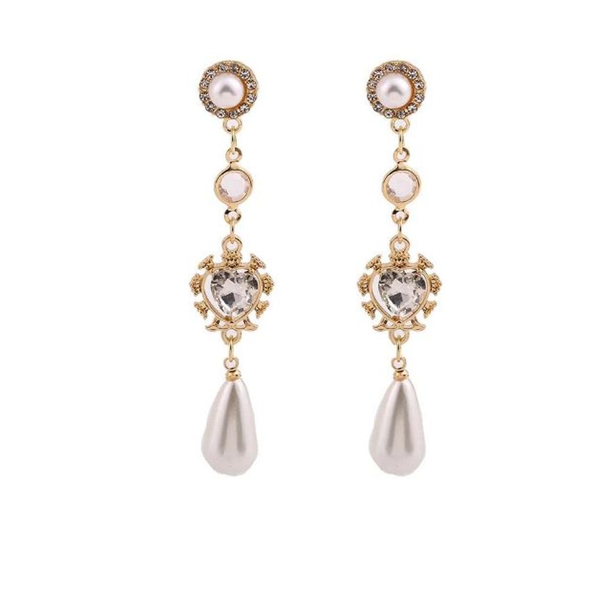 Long Heart And Pearl Clip On Earrings