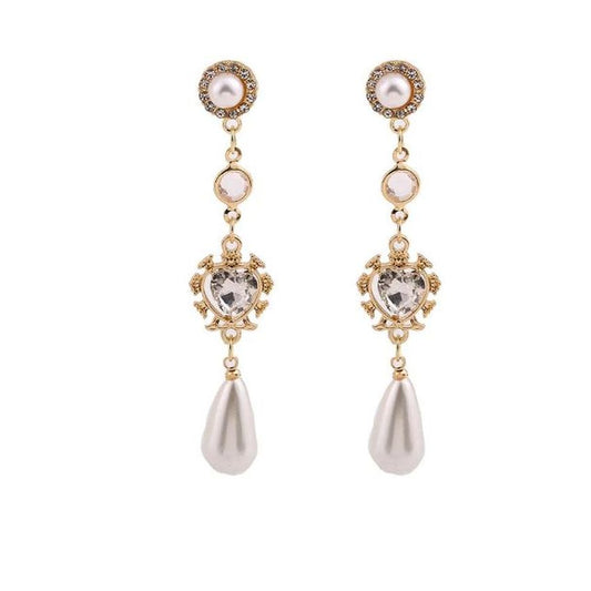 Long Heart And Pearl Clip On Earrings
