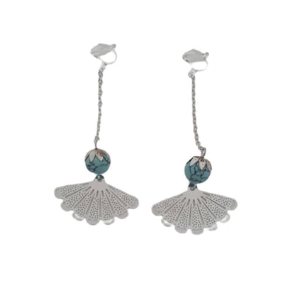 Long Silver Fan Drop Clip On Earrings