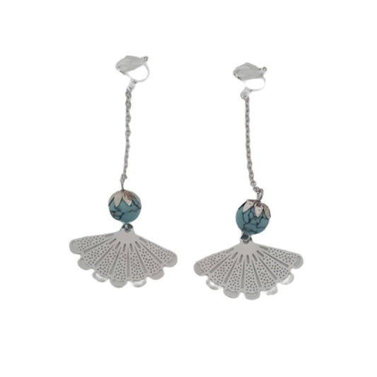 Long Silver Fan Drop Clip On Earrings