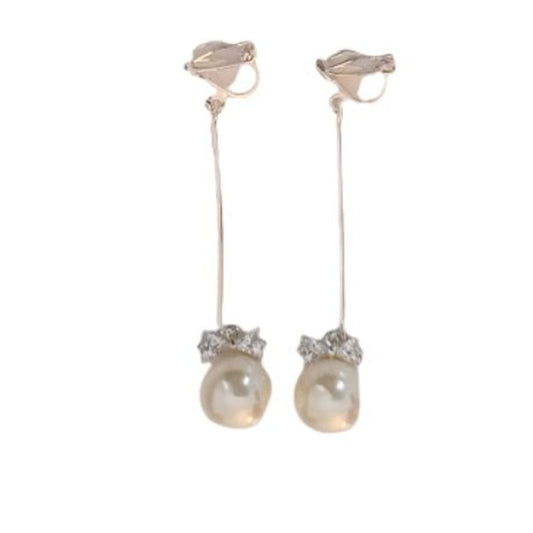 Long Stem Bow Pearl Clip On Earrings