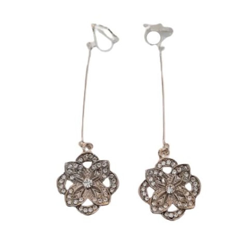 Long Stem Rhinestone Flower Clip On Earrings