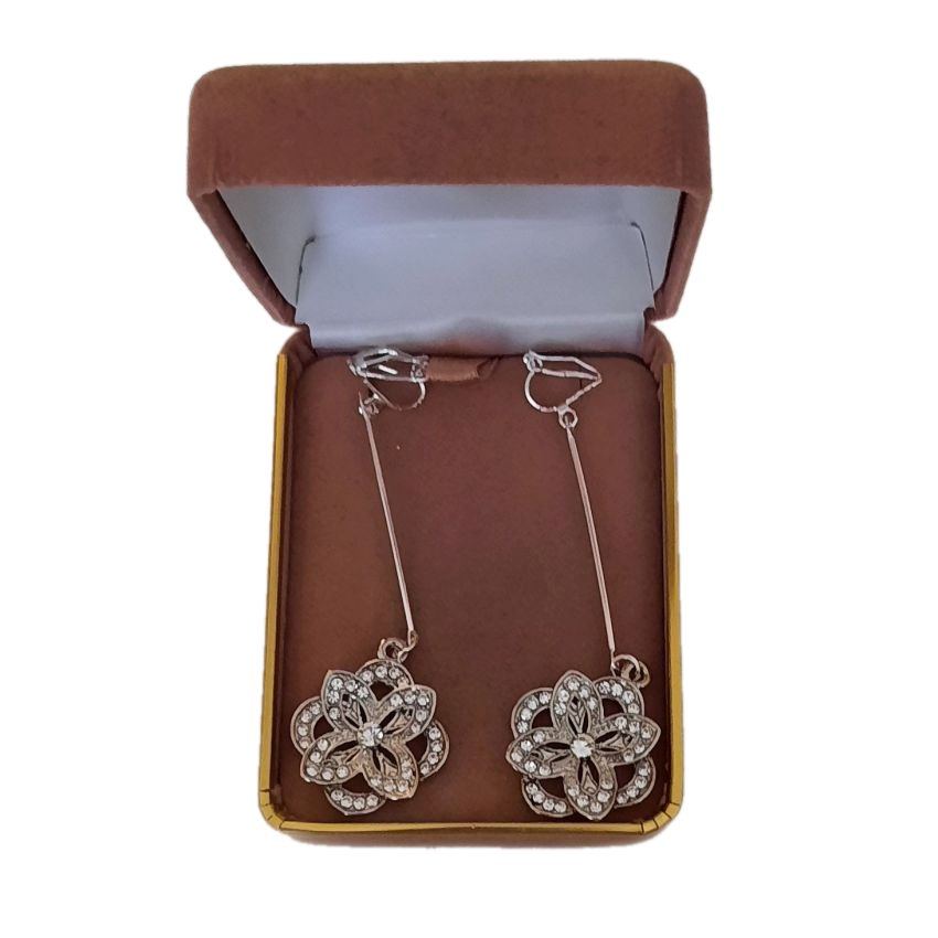 Long Stem Rhinestone Flower Clip On Earrings(2)