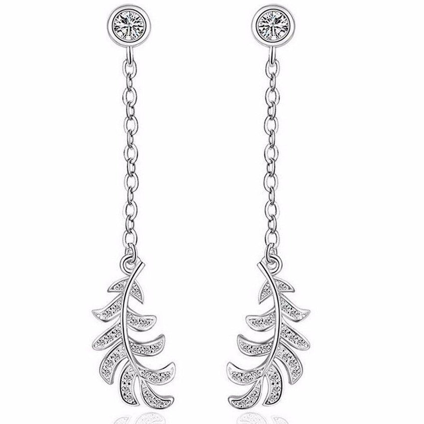 Long Dangly White Stone Cubic Zirconia Leaf Earrings