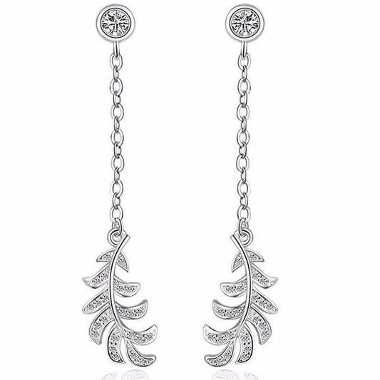 Long Dangly White Stone Cubic Zirconia Leaf Earrings