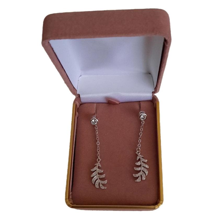 Long Dangly White Stone Cubic Zirconia Leaf Earrings