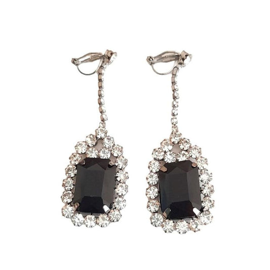 Long Drop Black Centre Stone Bling Crystal Clip on Earrings