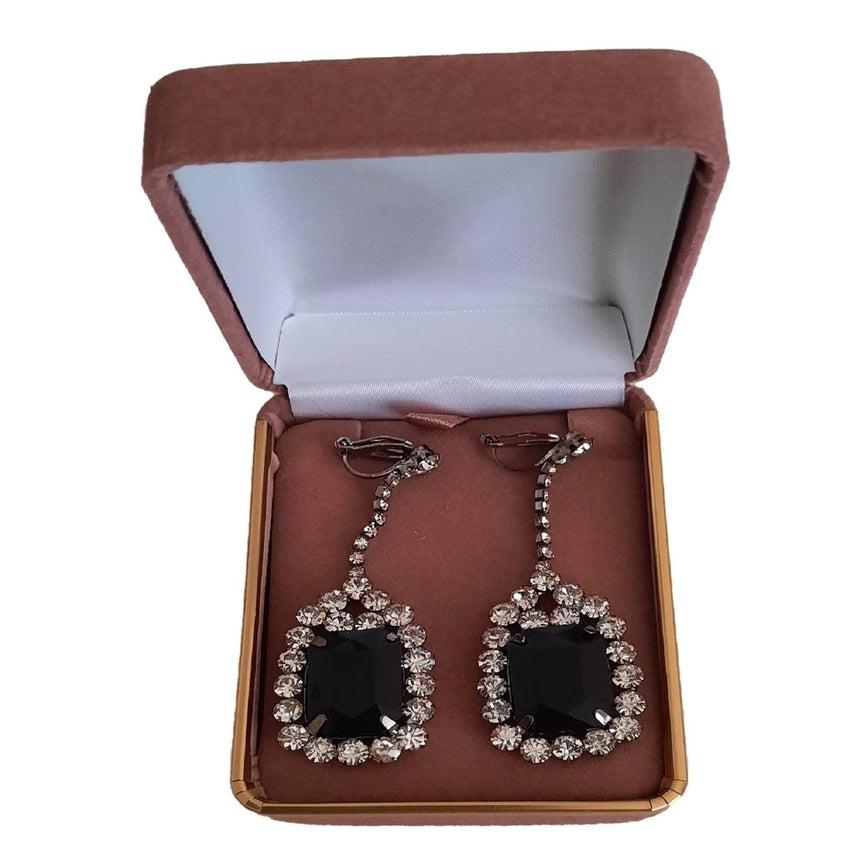 Long Drop Black Centre Stone Bling Crystal Clip on Earrings