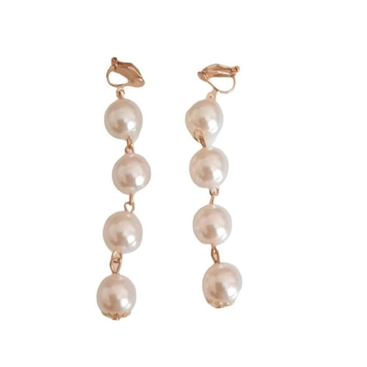 Long Drop Four 10mm Pearl Clip On Earrings