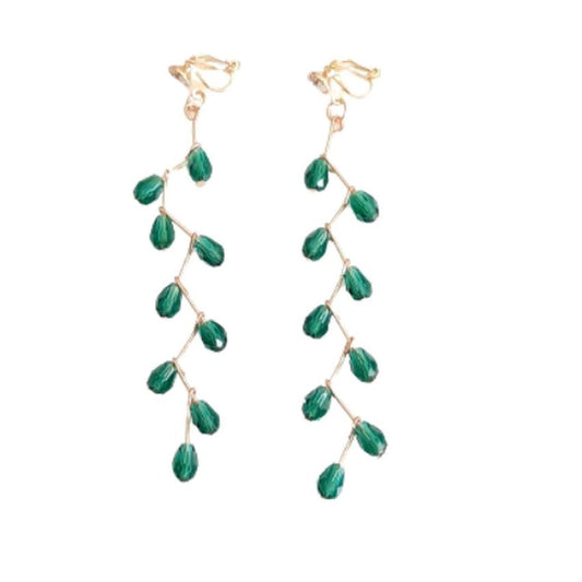 Long Green Stone Gold Tone Drop Clip On Earrings