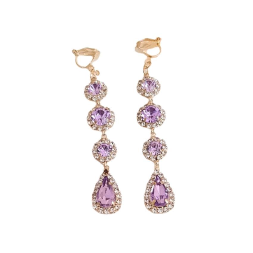 Long Purple Clip On Diamante Earrings