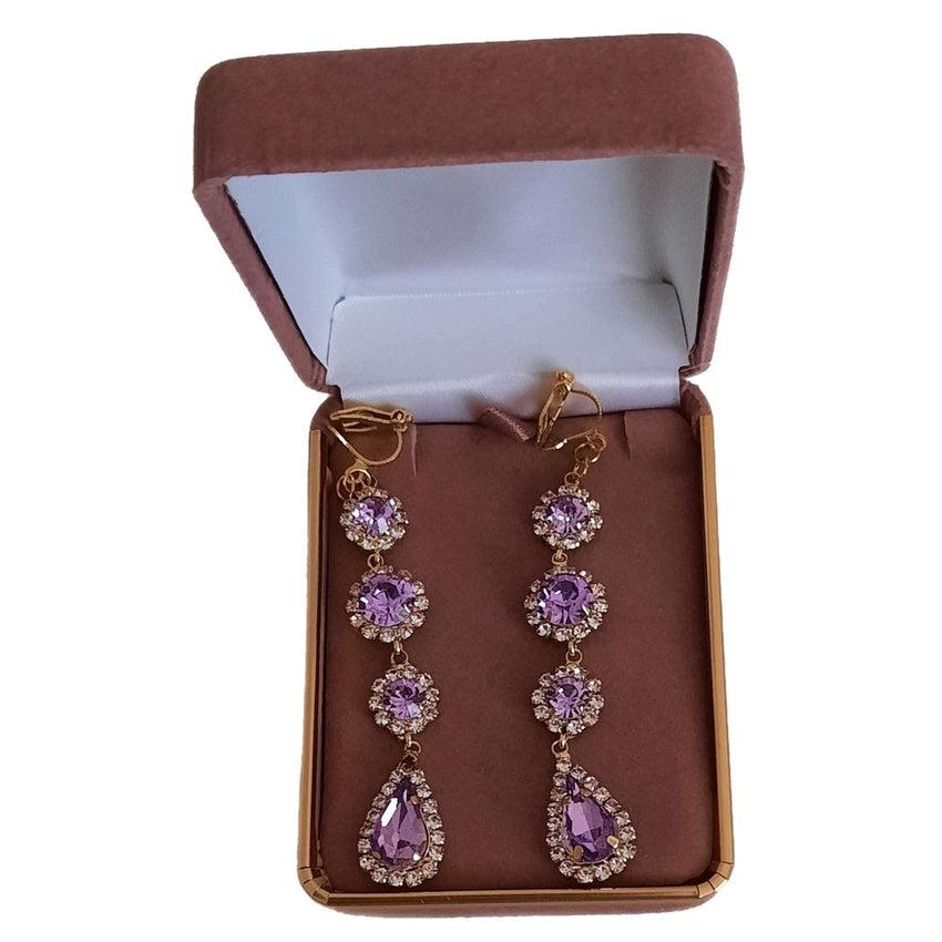 Long Purple Clip On Diamante Earrings