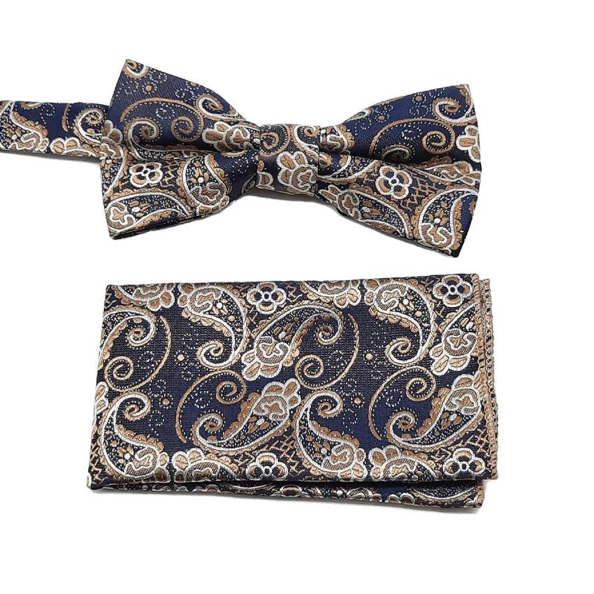 Luxurious Gold And Dark Grey Classic Paisley Pattern Bow Tie Set