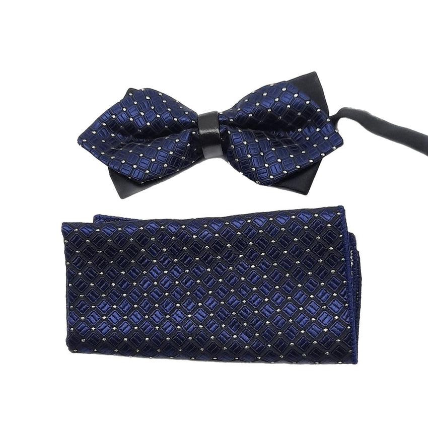 Mans Navy Blue Spotted And Black Patterned Bow Tie Set