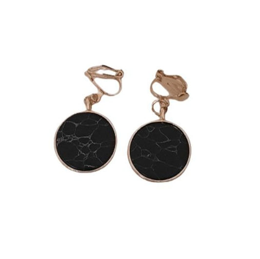 Marble Effect Gold Black Clip On Earrings