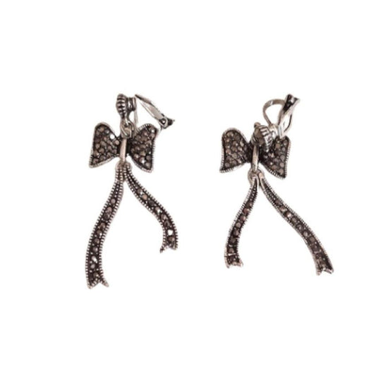 Marcasite Bow And Ribbon Drop Clip on Earrings