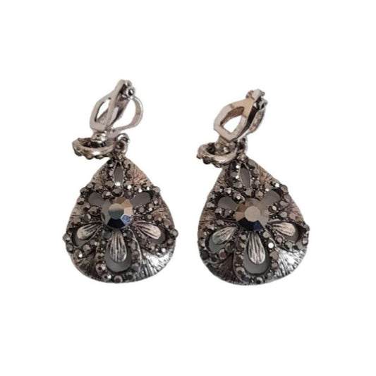 Marcasite Flower Design Oval Drop Clip On Earrings