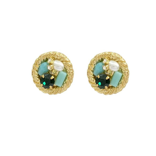 Mixed Green Stones Clip On Earrings