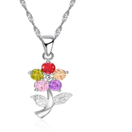 Multi Coloured Flower Pendant With a Silver Stem And Leaves