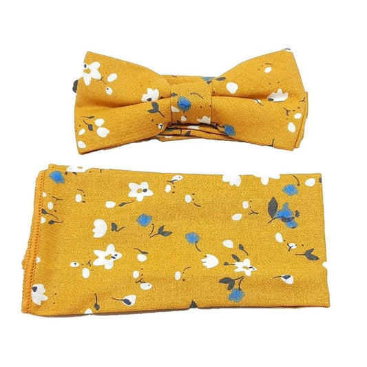 Mustard Orange Floral Pattern Boys Dicky Bow And Hanky Set
