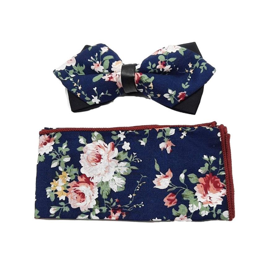 Navy Blue And Pink Floral Printed Adjustable Bow Tie Set