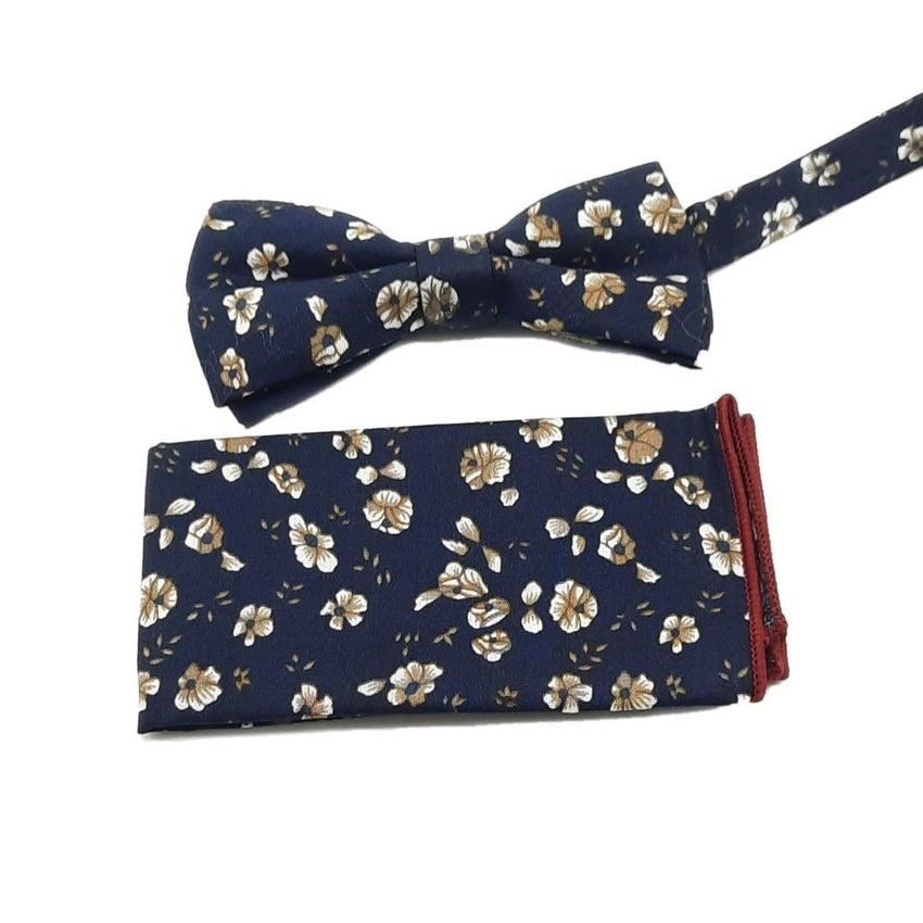 Navy Blue Floral Boys Dicky Bow And Hanky Set