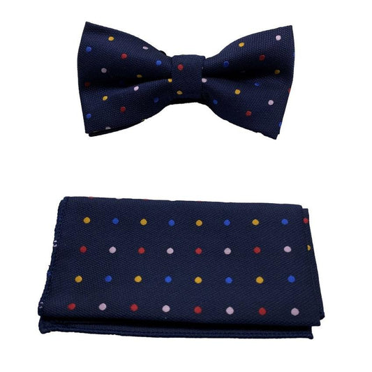 Navy Blue With Red Blue Yellow And White Spots Bow Tie Set