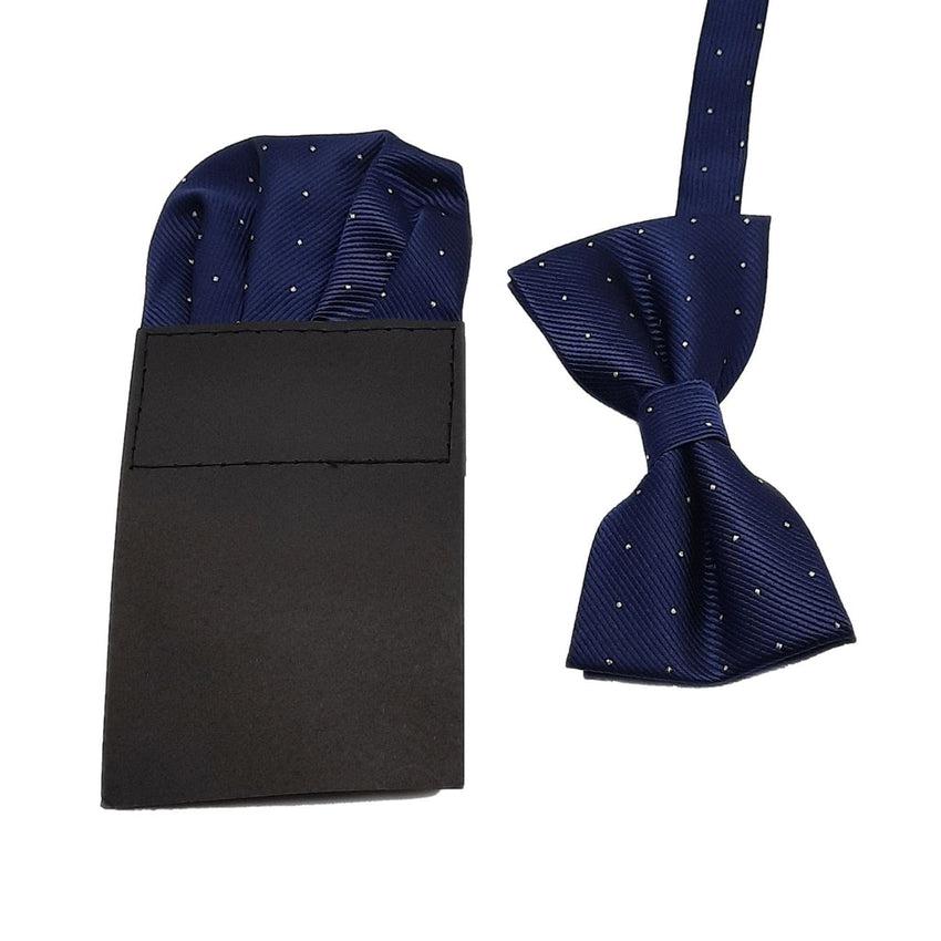 Navy Blue With White Spots Carded Pocket Adjustable Bow Tie Set