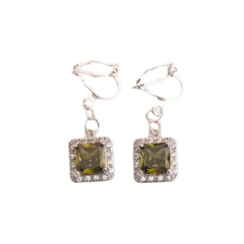 Olive Green Cushion Diamante Clip On Earrings